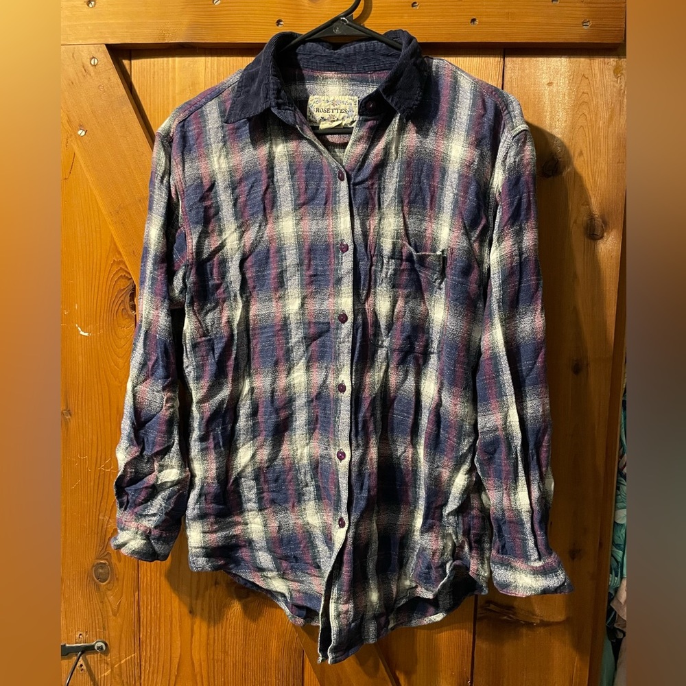 Rosettes Vintage Y2K Plaid Button down Long Sleeves Shirt Corduroy Cotton Medium